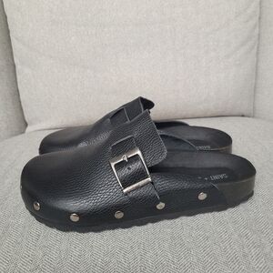 Saint + Sofia Black Leather Slip-On Studded Clogs Sandals with Buckle